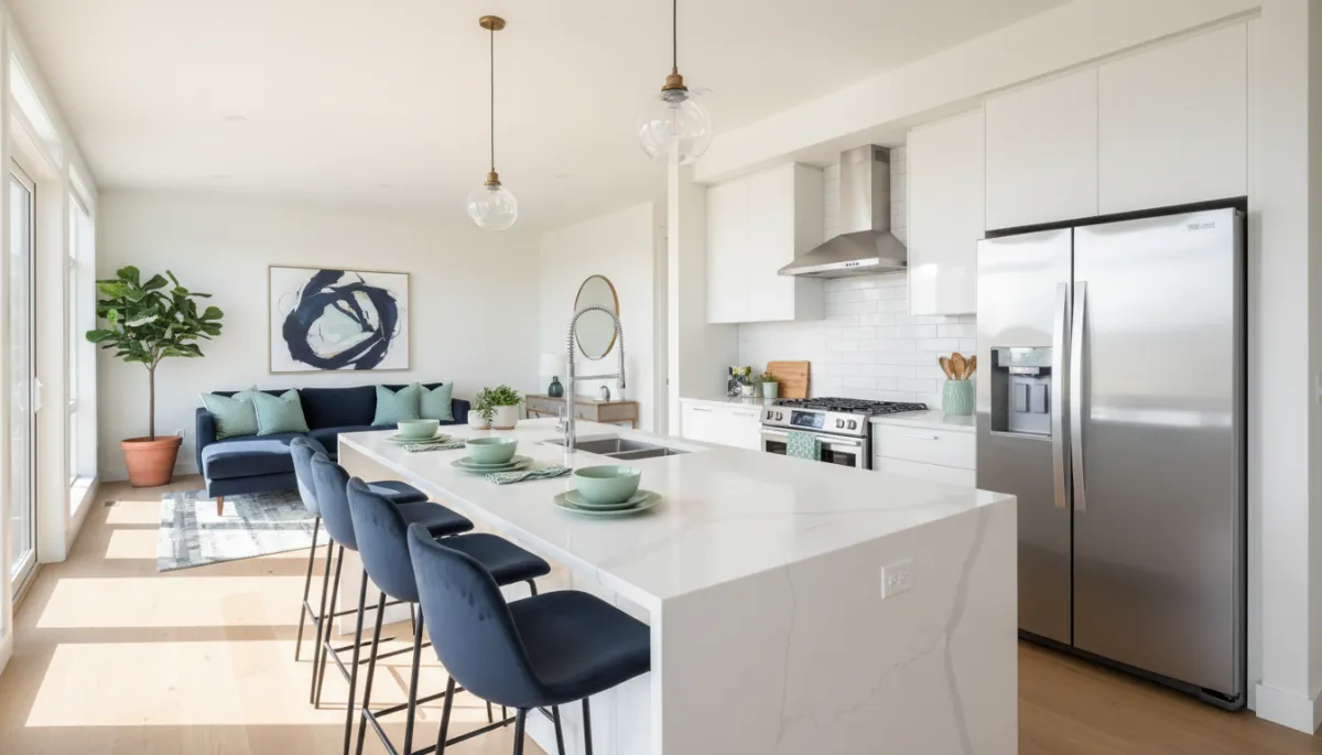 Immaculately cleaned new construction kitchen and living area ready for handover