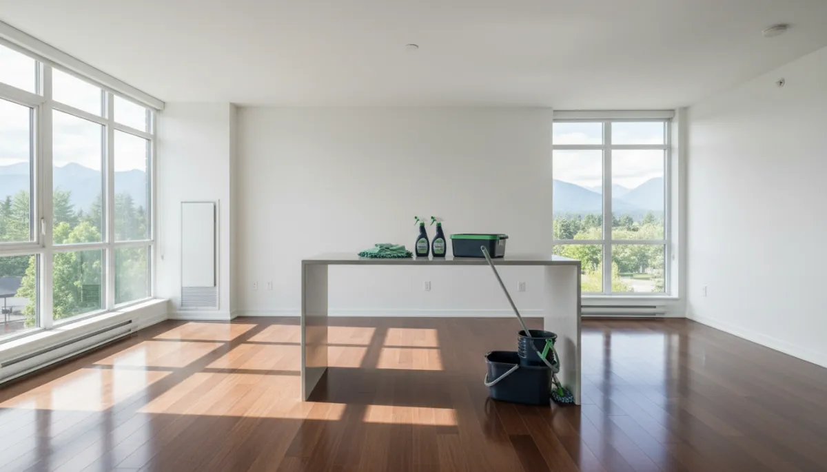 photorealistic wide-angle view of an empty, freshly cleaned modern apartment in Surrey BC with gleaming hardwood floors, spotless white walls, and large windows reflecting natural light; subtle dark navy and mint green cleaning supplies neatly arranged on the countertop