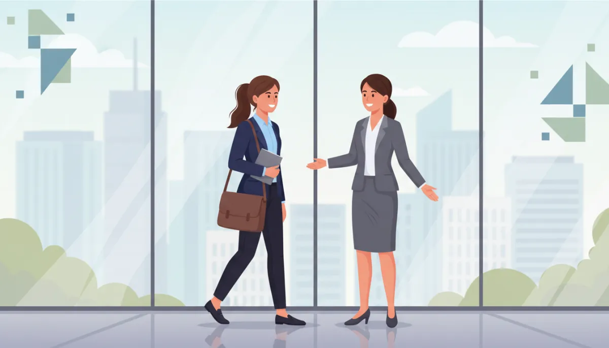 Motivated college student in business-casual attire walking into a modern office lobby with a notebook and laptop bag, greeted by a smiling professional mentor, glass walls and soft natural light in the background