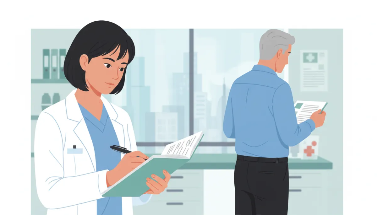 Close-up of an intern in scrubs or business-casual taking detailed notes in a notebook while observing a senior professional at work in a clinic or office setting