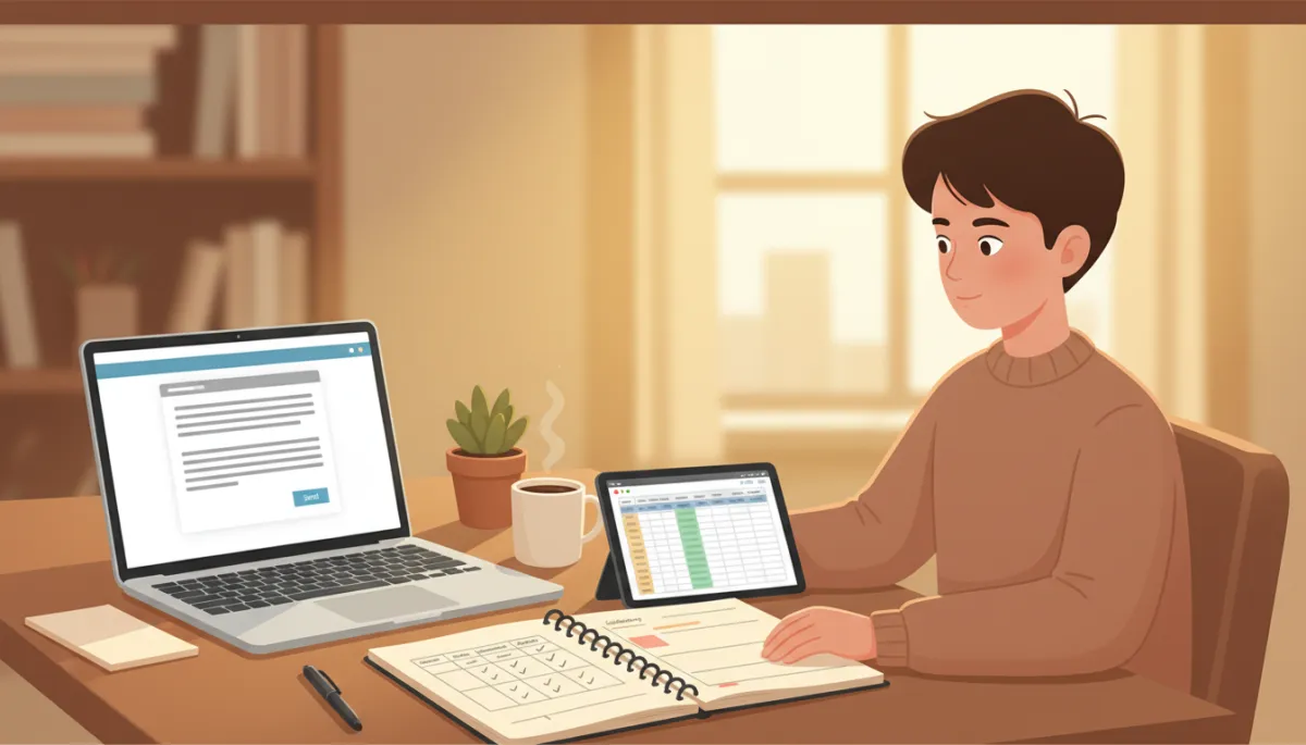 Student at a laptop sending professional emails, with a spreadsheet or notebook beside them tracking applications and follow-ups, warm home-office environment