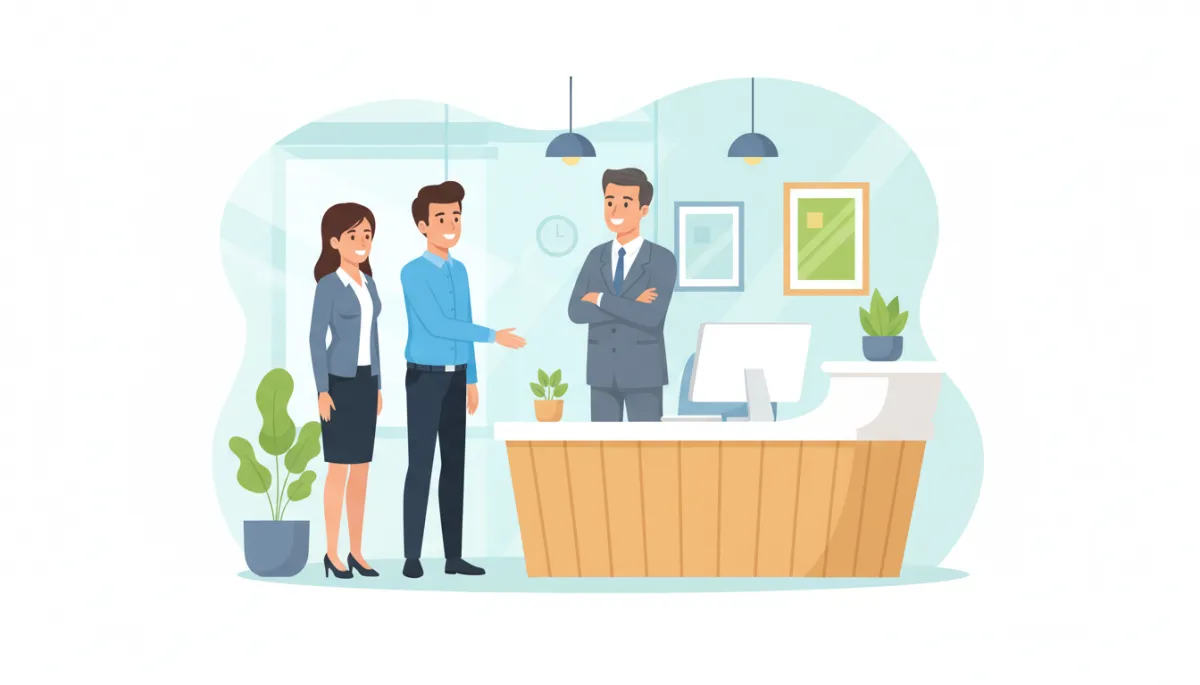 Intern in professional attire greeting a patient or client at a reception desk while another staff member looks on approvingly in a bright, organized office