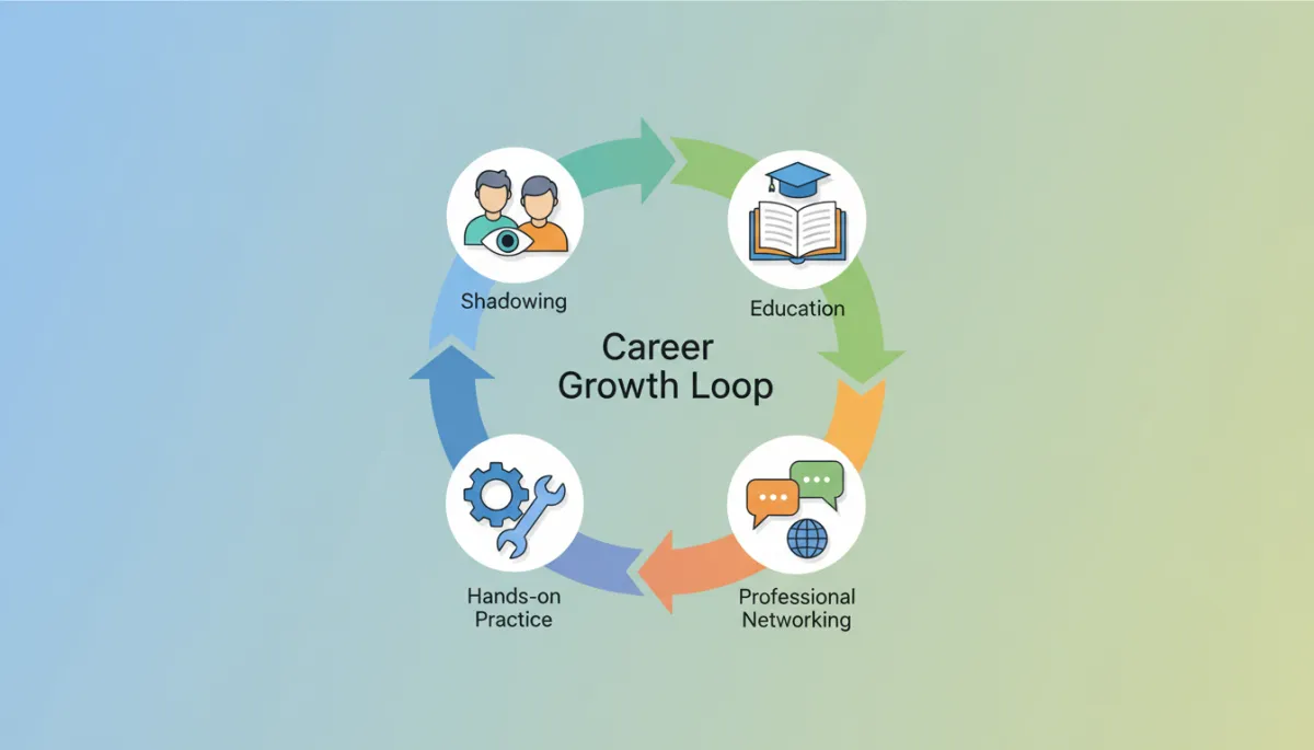 Clean circular flow diagram labeled Career Growth Loop with four stages: Education, Shadowing, Hands-on Practice, Professional Networking, connected in a loop with simple icons for each