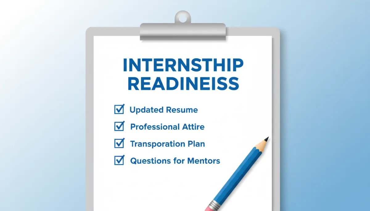 Minimalist checklist graphic on a clipboard labeled Internship Readiness with items checked off: Updated Resume, Professional Attire, Transportation Plan, Questions for Mentors