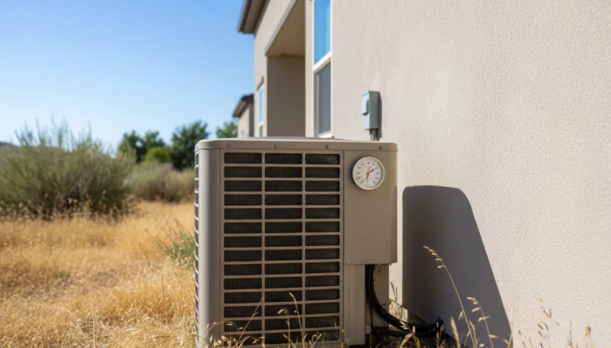 Outdoor air conditioning unit working hard in Modesto summer heat Outdoor air conditioning unit working hard in Modesto summer heat