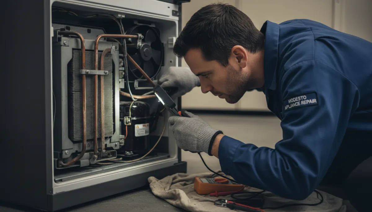 Technician from a Modesto appliance service inspecting refrigerator components Technician from a Modesto appliance service inspecting refrigerator components