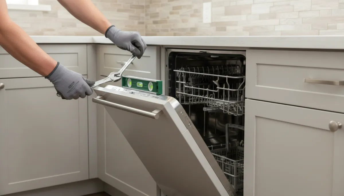 Technician adjusting dishwasher leveling legs in a Modesto home Technician adjusting dishwasher leveling legs in a Modesto home