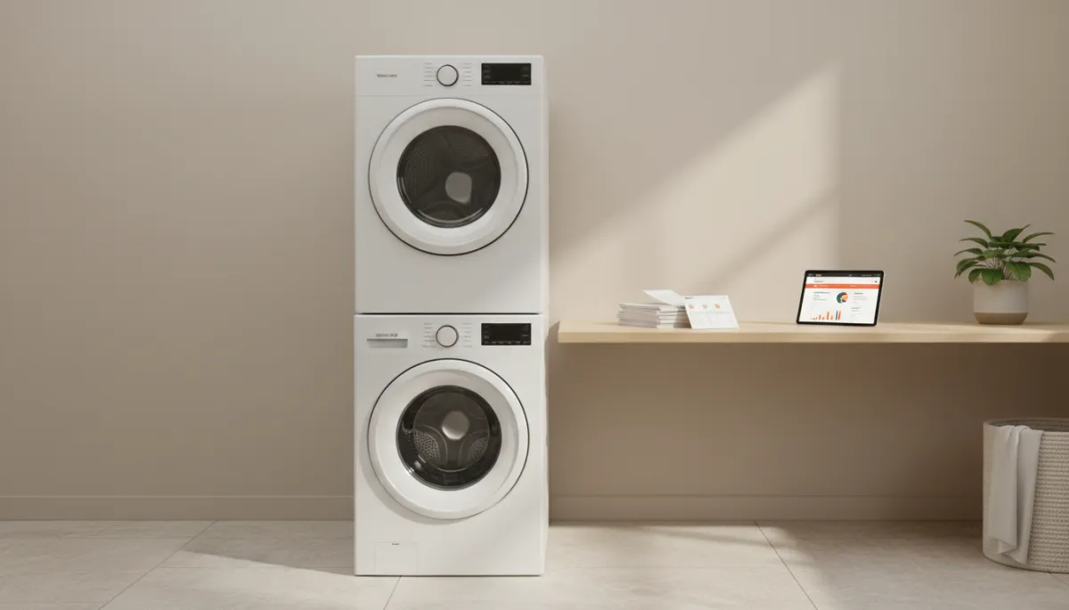 Laundry room with high-efficiency washer and dryer and rebate paperwork Laundry room with high-efficiency washer and dryer and rebate paperwork