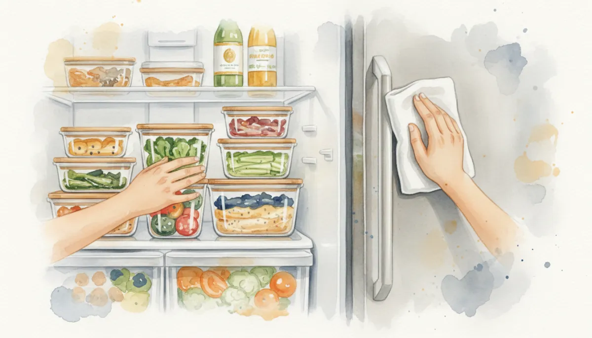 Homeowner cleaning refrigerator gasket and organizing food containers Homeowner cleaning refrigerator gasket and organizing food containers