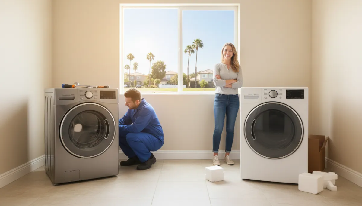 A professional, neutral-toned laundry room in a Modesto-style home featuring a front-load washer and dryer side by side, with no people or technicians present. Soft natural light, clean and inviting, professional style photography. A professional, neutral-toned laundry room in a Modesto-style home featuring a front-load washer and dryer side by side, with no people or technicians present. Soft natural light, clean and inviting, professional style photography.