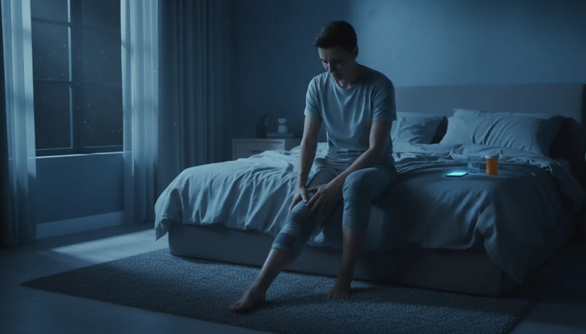Person with leg pain sitting on the edge of a bed at night Person with leg pain sitting on the edge of a bed at night