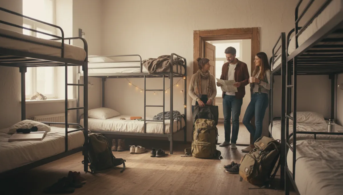 Cinematic view of travelers moving through a shared hostel dorm room