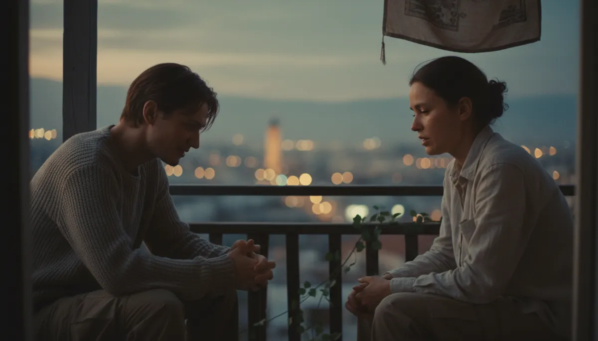 Cinematic close-up of two people in deep conversation on a hostel balcony
