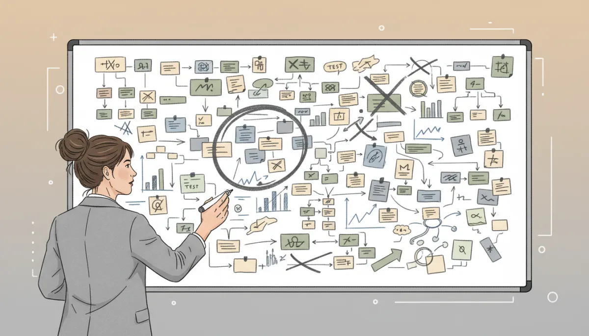 neutral color palette illustration of an entrepreneur at a large whiteboard filled with sketches, arrows, and experiment notes, some ideas crossed out and others circled, subtle graphs and sticky notes suggesting business testing and iteration