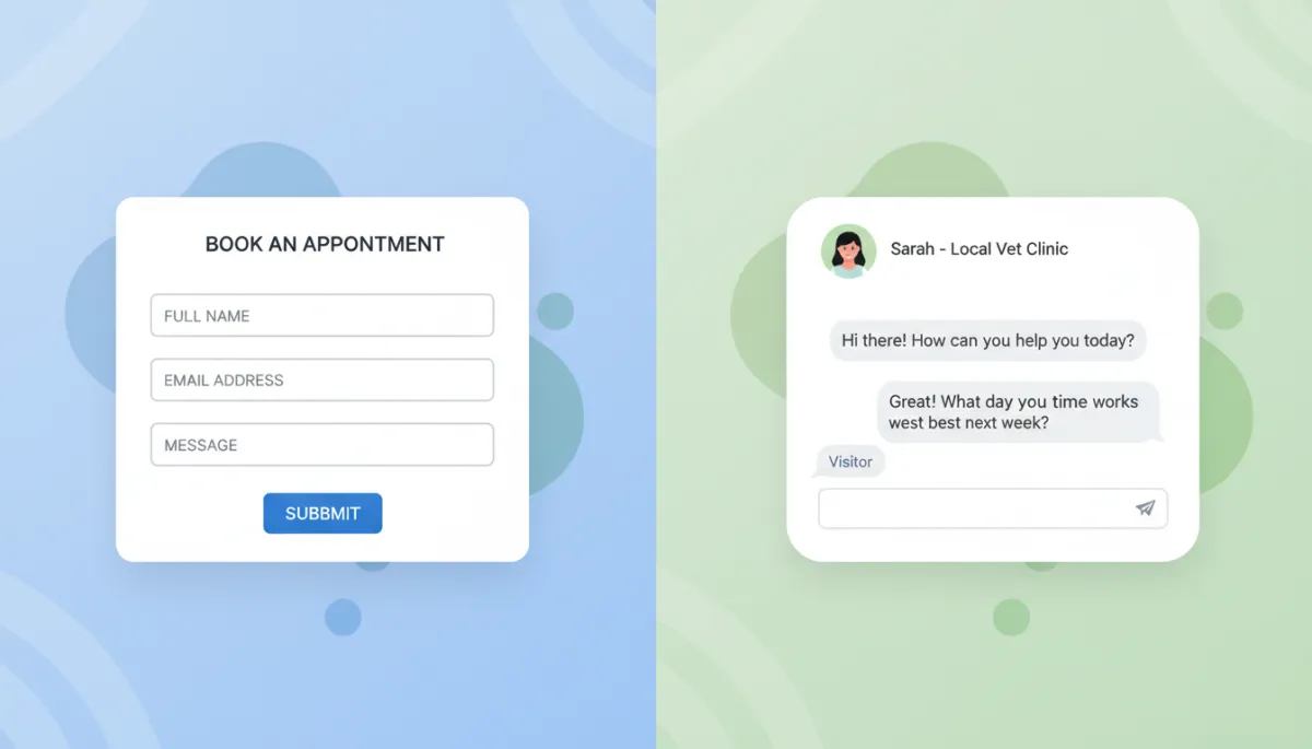 Side-by-side comparison showing a basic contact form on the left and a natural, human-style website chat on the right helping a visitor book an appointment, modern local business website interface