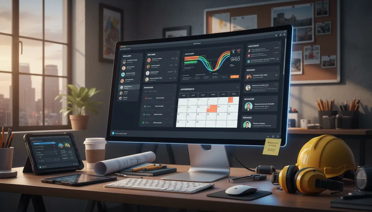 A realistic, professional photo of a contractor's office workspace with a computer monitor displaying a dashboard that shows AI-captured leads and booked appointments. The screen should be clearly visible, with real UI elements for leads, messages, and appointments. The setting should appear modern, organized, and authentically used by a contractor. A realistic, professional photo of a contractor's office workspace with a computer monitor displaying a dashboard that shows AI-captured leads and booked appointments. The screen should be clearly visible, with real UI elements for leads, messages, and appointments. The setting should appear modern, organized, and authentically used by a contractor.