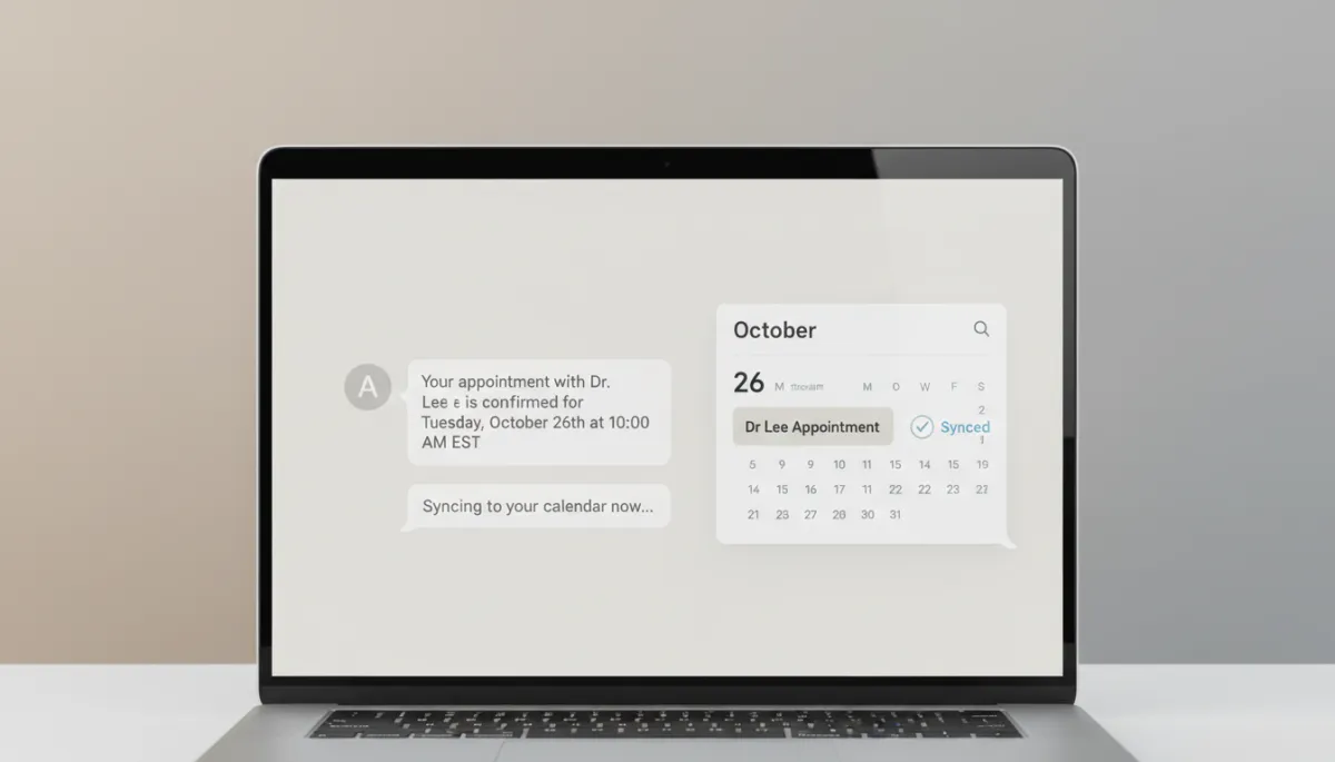 Website conversational AI agent confirming an appointment and syncing with an online calendar Website conversational AI agent confirming an appointment and syncing with an online calendar