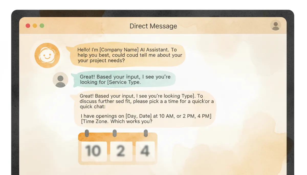 Screen displaying an AI assistant converting a social media DM into a booked appointment Screen displaying an AI assistant converting a social media DM into a booked appointment