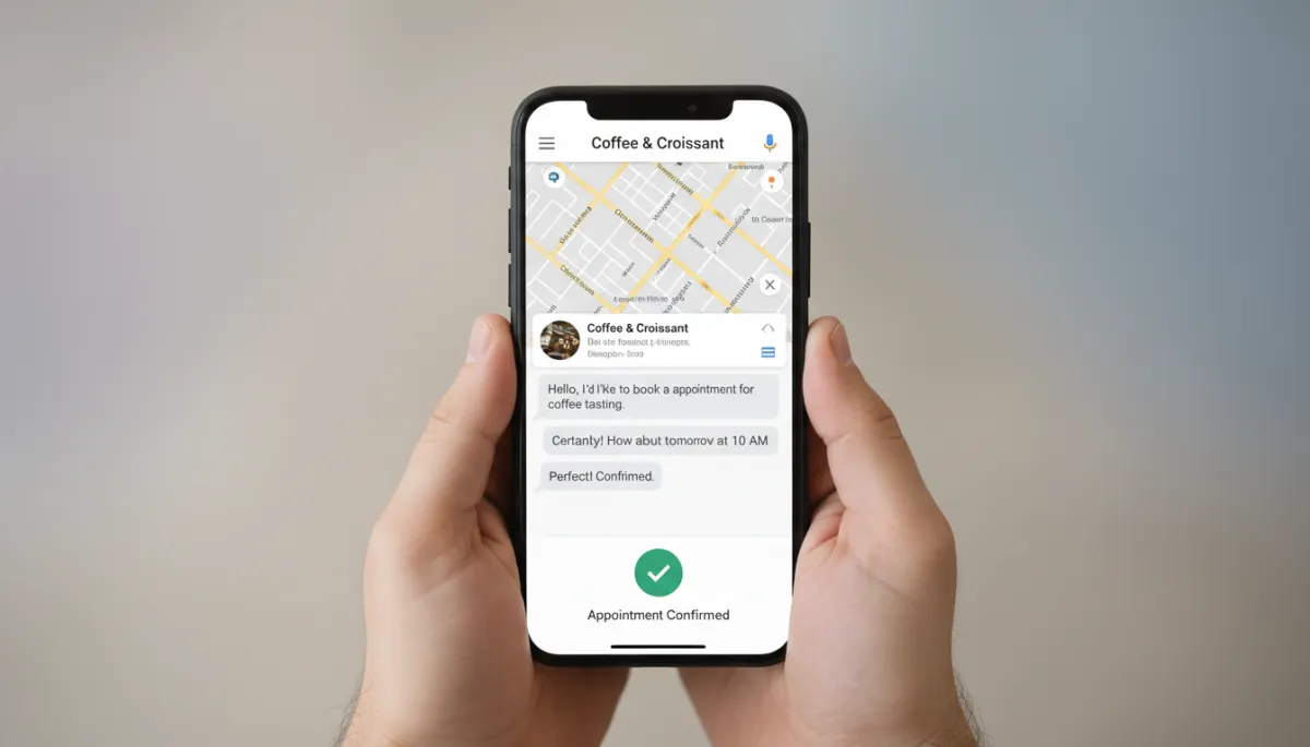 Smartphone showing Google Maps chat conversation and confirmed appointment