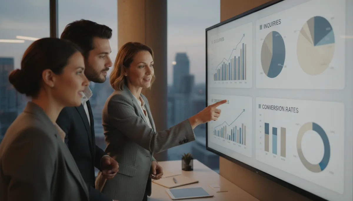 Team of small business owners reviewing AI-driven lead generation analytics on a large display Team of small business owners reviewing AI-driven lead generation analytics on a large display