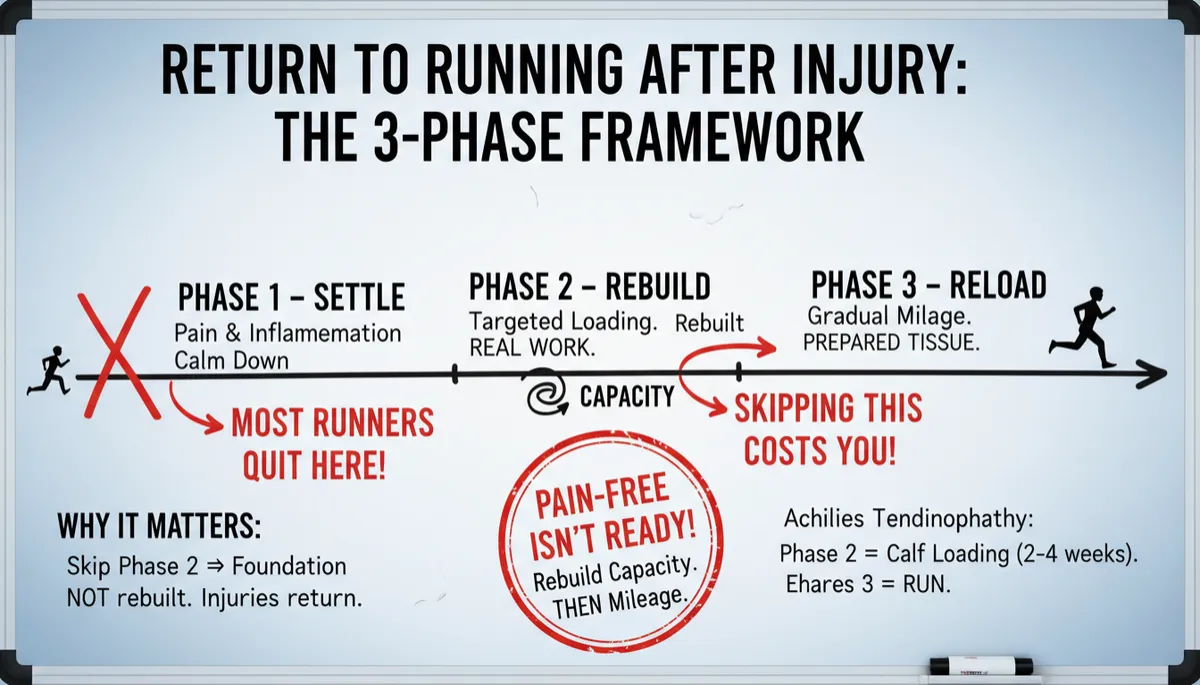 Return to Running After Injury: The 3-Phase Framework We Use With Clients Most runners returning from injury make the same mistake: they wait until the pain is gone, then jump back into their old mileage. Pain-free isn't the same as ready. The tissue that got injured hasn't rebuilt the capacity to handle real training load again - it's just quiet for now, and quiet doesn't last long once you put your old volume back on it. [Create an image - Whiteboard walkthrough of the 3-phase framework below, drawing a simple timeline showing where most runners quit too early (right at the end of Phase 1, when things start feeling fine). Emphasize on camera that Phase 1 "feeling good" is not the finish line. The Three Phases (and Why Skipping One Costs You)Phase 1 - Settle: Pain and inflammation calm down. Most runners think this is the end of rehab. It's the beginning.Phase 2 - Rebuild: Targeted loading rebuilds the tissue's actual capacity to handle stress - this is where the real work happens, and it's the phase most people skip entirely.Phase 3 - Reload: Mileage comes back gradually, layered on top of tissue that's now actually prepared for it, not just pain-free. Skip Phase 2 and go straight from Phase 1 to running your old mileage, and you're rebuilding on a foundation that was never actually rebuilt. That's why so many "recovered" injuries come back within a month of returning to running. What This Looks Like in Practice A client returning from Achilles tendinopathy doesn't go from zero pain straight to five-mile runs. They spend two to four weeks in Phase 2 doing progressive calf loading, only moving to Phase 3 once the tissue has demonstrated it can handle load without symptoms - not just once it stopped hurting at rest. Bottom Line Pain-free means the alarm stopped ringing. It doesn't mean the building got fixed. The runners who stay healthy long-term are the ones who rebuild capacity before rebuilding mileage. If you're coming back from an injury and not sure which phase you're actually in, that's exactly what the 4-month runner program is built to figure out. Rebuild the capacity. Then rebuild the mileage. Dr. Heather Gansel is a doctorate-trained movement specialist with 25+ years in biomechanics. She works with runners virtually through Ask Doctor Heather, helping them identify and resolve the root-cause movement patterns behind recurring pain and performance plateaus. Follow her on Instagram @drheathergansel.. Style: Professional quality, photorealistic, high resolution