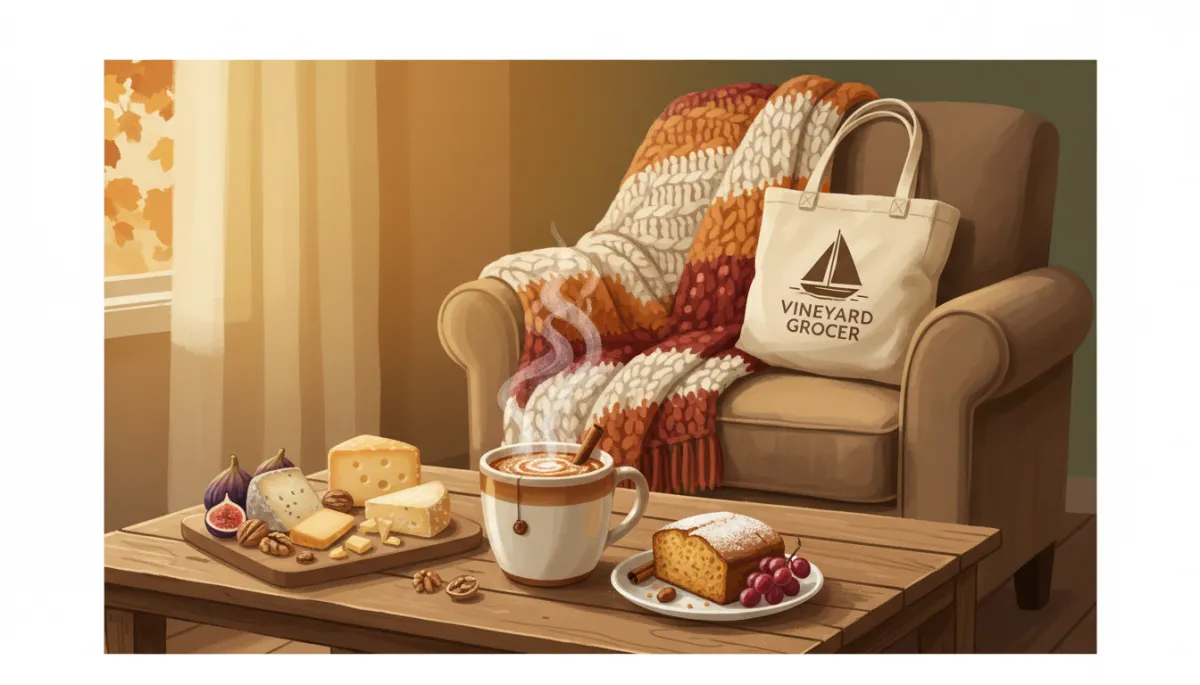 A cozy Martha's Vineyard living room in fall: a coffee table with a mug of hot cider or tea, a plate of pumpkin bread, local cheeses, nuts, and autumn fruits, with a soft blanket and a Vineyard Grocer bag in the background. Warm, inviting, and seasonal.