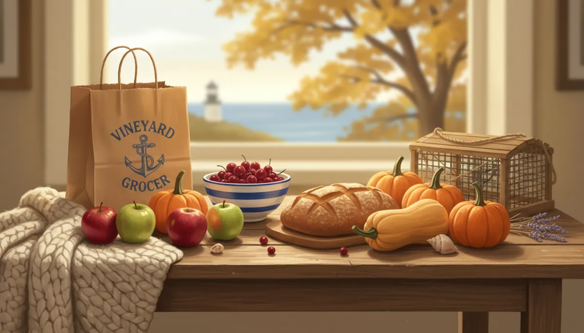 A cozy Martha's Vineyard kitchen table in autumn, featuring fresh local produce like apples, squash, pumpkins, a loaf of bread, and a Vineyard Grocer shopping bag. Warm, golden natural light, rustic and inviting atmosphere, with hints of the island's seaside charm.