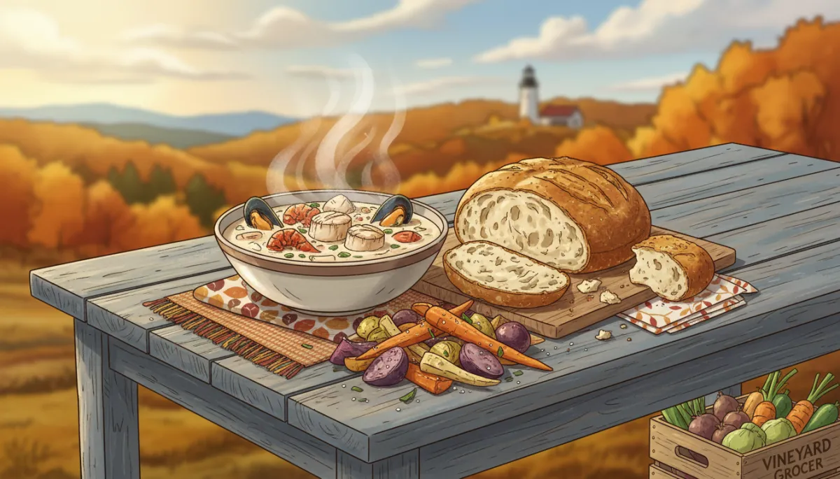 A hearty autumn meal on Martha's Vineyard: a steaming bowl of creamy chowder with local seafood, a side of crusty bakery bread, and roasted root vegetables, styled on a rustic island table. Cozy, comforting, fresh ingredients from Vineyard Grocer.