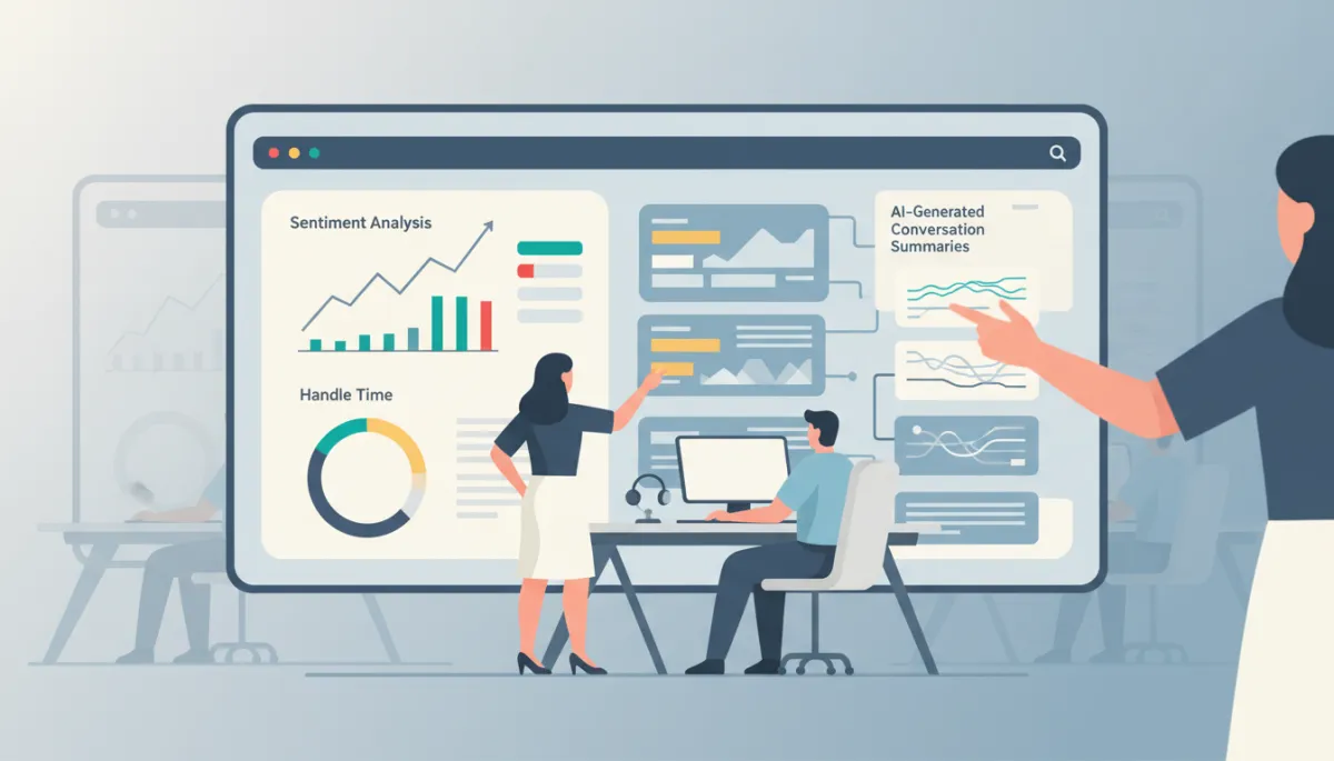 Supervisor reviewing AI-generated analytics and conversation summaries with an agent Supervisor reviewing AI-generated analytics and conversation summaries with an agent