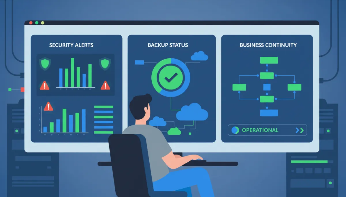 Engineer monitoring security and backup dashboards in a network operations center