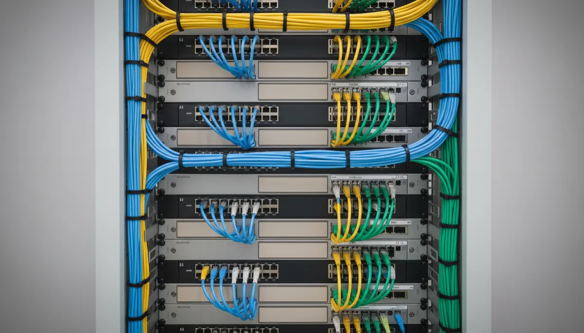 professional, neutral‑tone close‑up of a network rack with structured cabling routed through vertical and horizontal cable managers, clearly labeled patch panels, and color‑coded Ethernet cables professional, neutral‑tone close‑up of a network rack with structured cabling routed through vertical and horizontal cable managers, clearly labeled patch panels, and color‑coded Ethernet cables