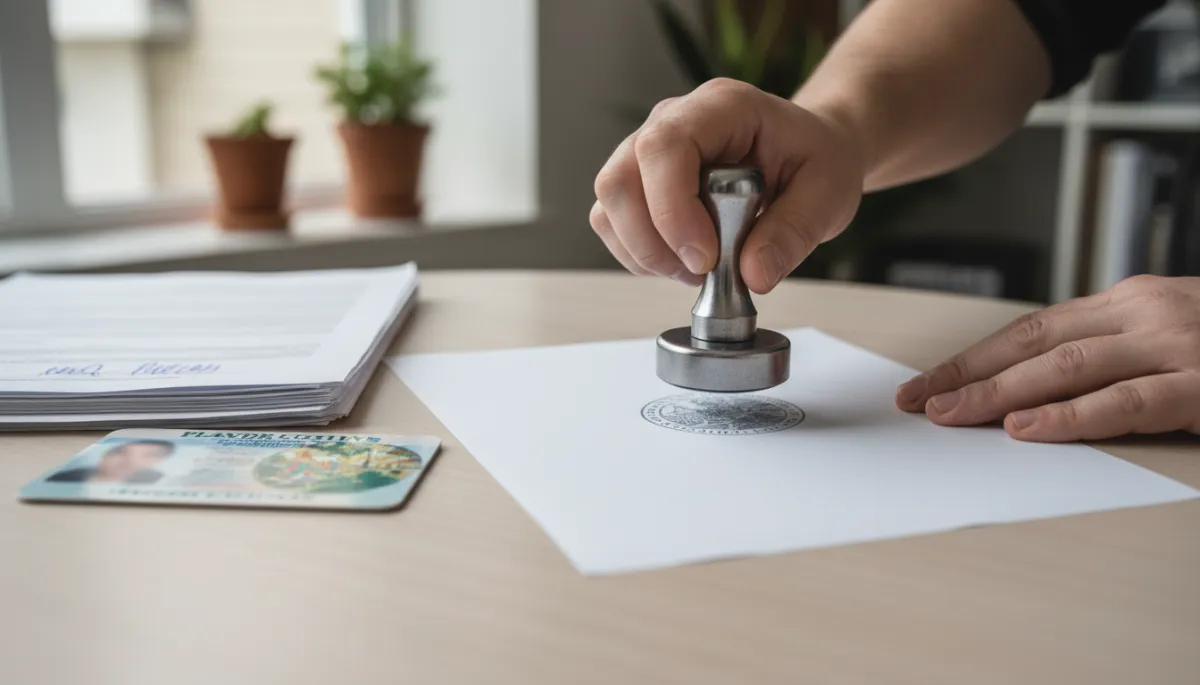 Mobile notary applying a notary seal beside identification and documents Mobile notary applying a notary seal beside identification and documents