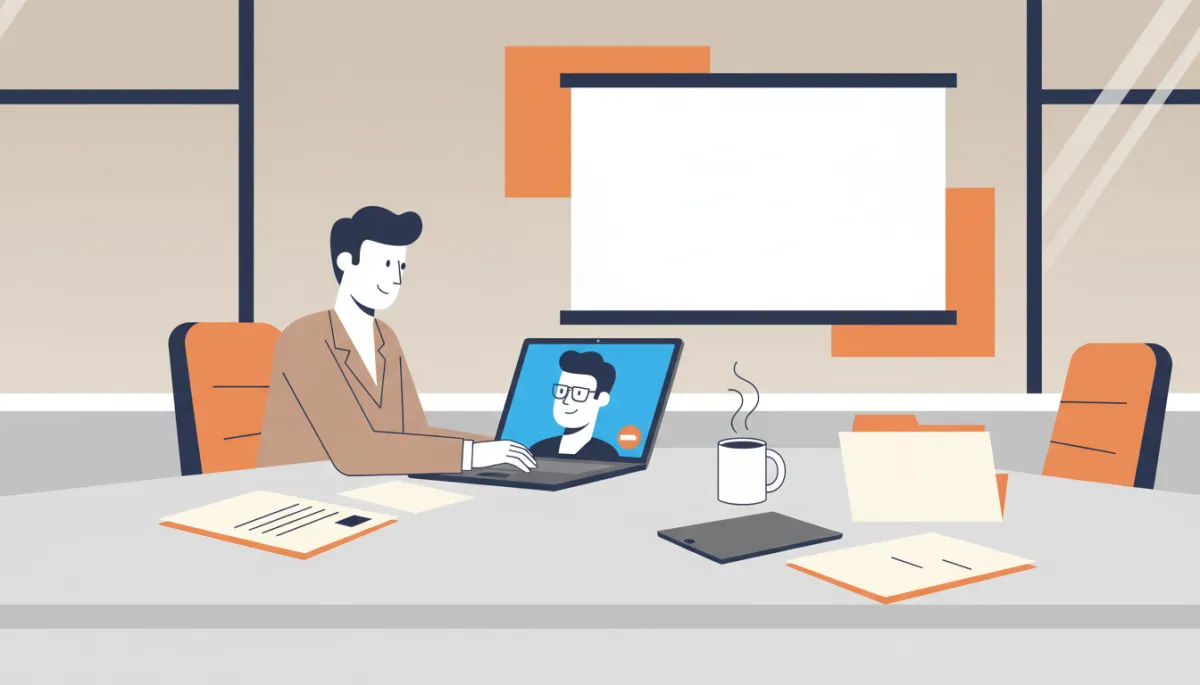 Business owner meeting with an online notary via laptop in a conference room Business owner meeting with an online notary via laptop in a conference room