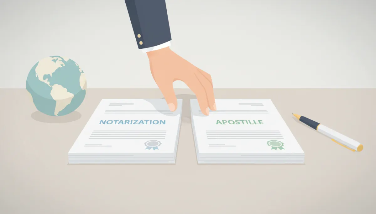 Documents labeled notarization and apostille placed side by side on a desk Documents labeled notarization and apostille placed side by side on a desk