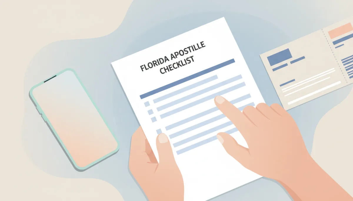 Person reviewing Florida apostille checklist with phone and shipping label ready Person reviewing Florida apostille checklist with phone and shipping label ready