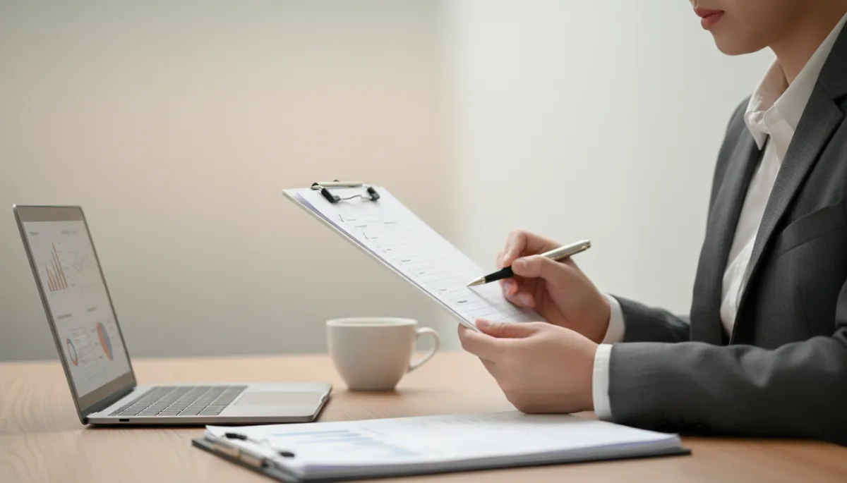 Professional reviewing a vetted notary checklist and quality standards Professional reviewing a vetted notary checklist and quality standards