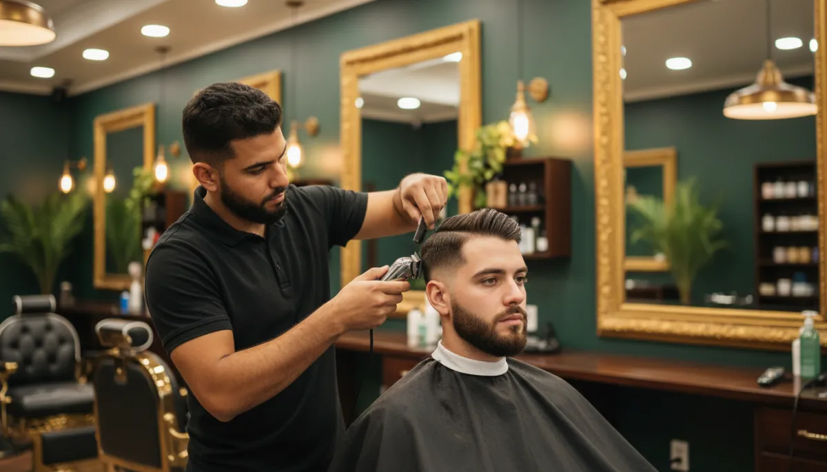 Barbero experto realizando un corte fade de alta precisión en Punta Cana