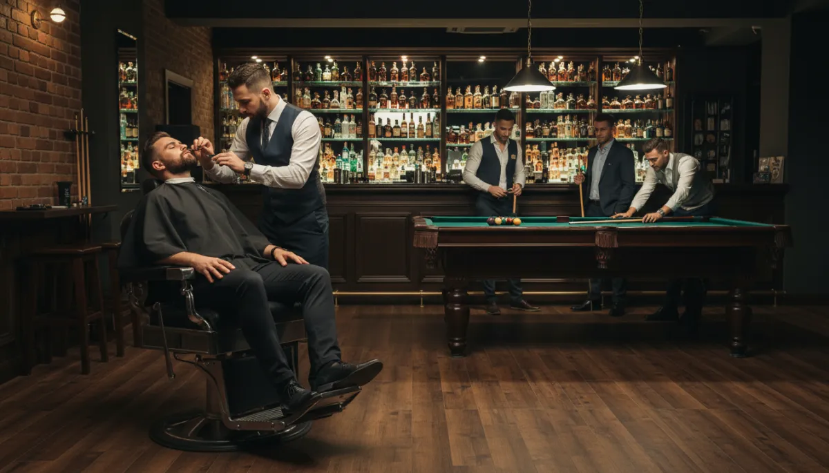 Barbero trabajando mientras clientes disfrutan del bar y billar