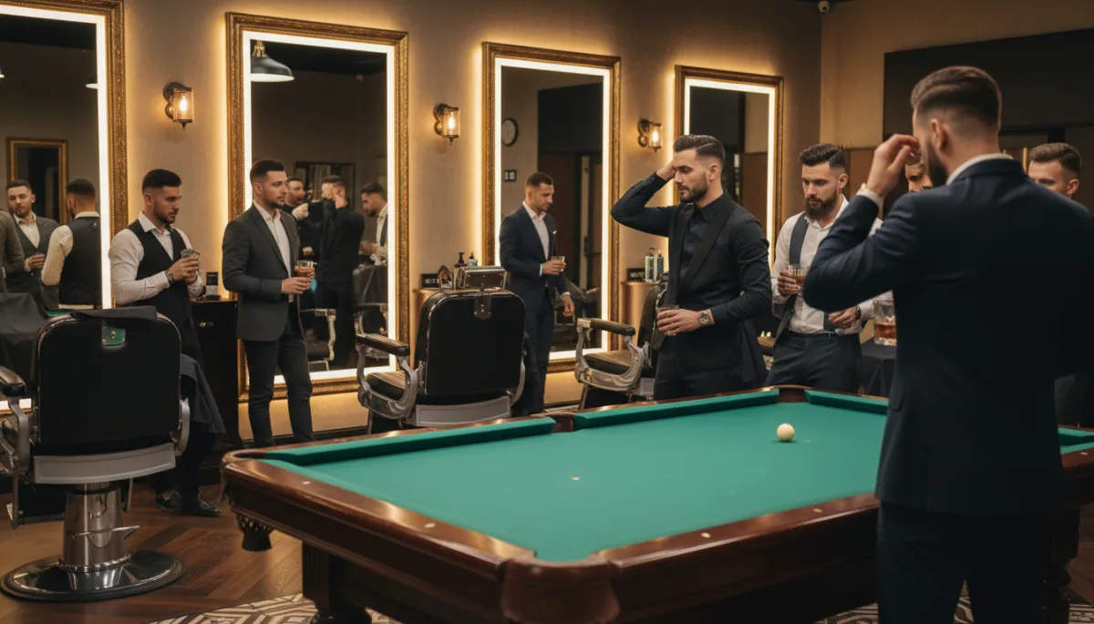 Hombres socializando en barbería con mesa de billar y bar