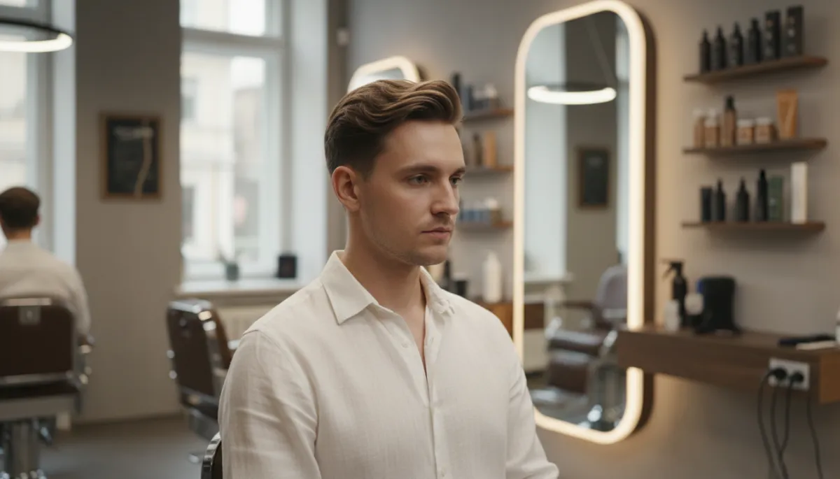 Hombre con corte taper suave en barbería moderna