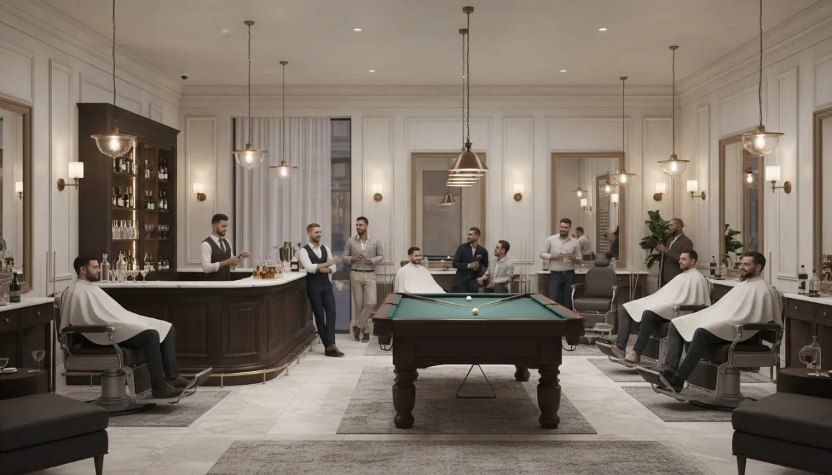 interior fotorrealista de barbería de lujo en tonos neutros con sillones cómodos, barra con tragos elegantes, mesa de billar y hombres relajados conversando mientras esperan su turno