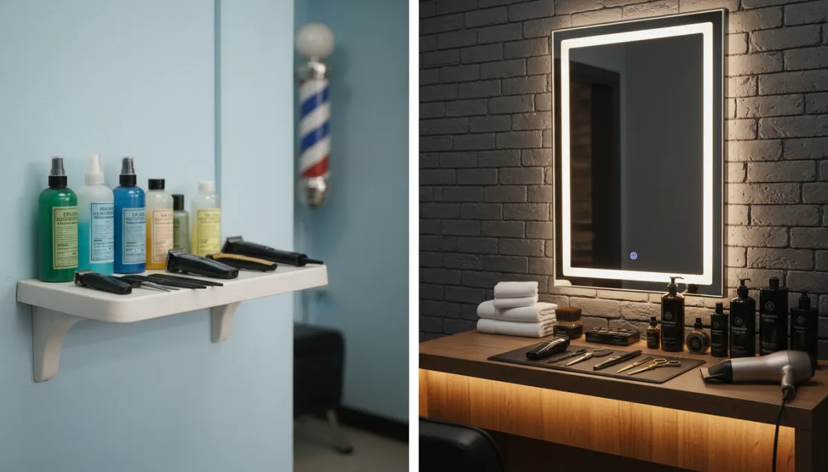 comparación fotorrealista en dos mitades; a la izquierda una barbería sencilla con productos genéricos sobre una repisa de plástico, a la derecha una estación de trabajo premium con productos profesionales organizados, toallas blancas y herramientas de alta gama en tonos neutros