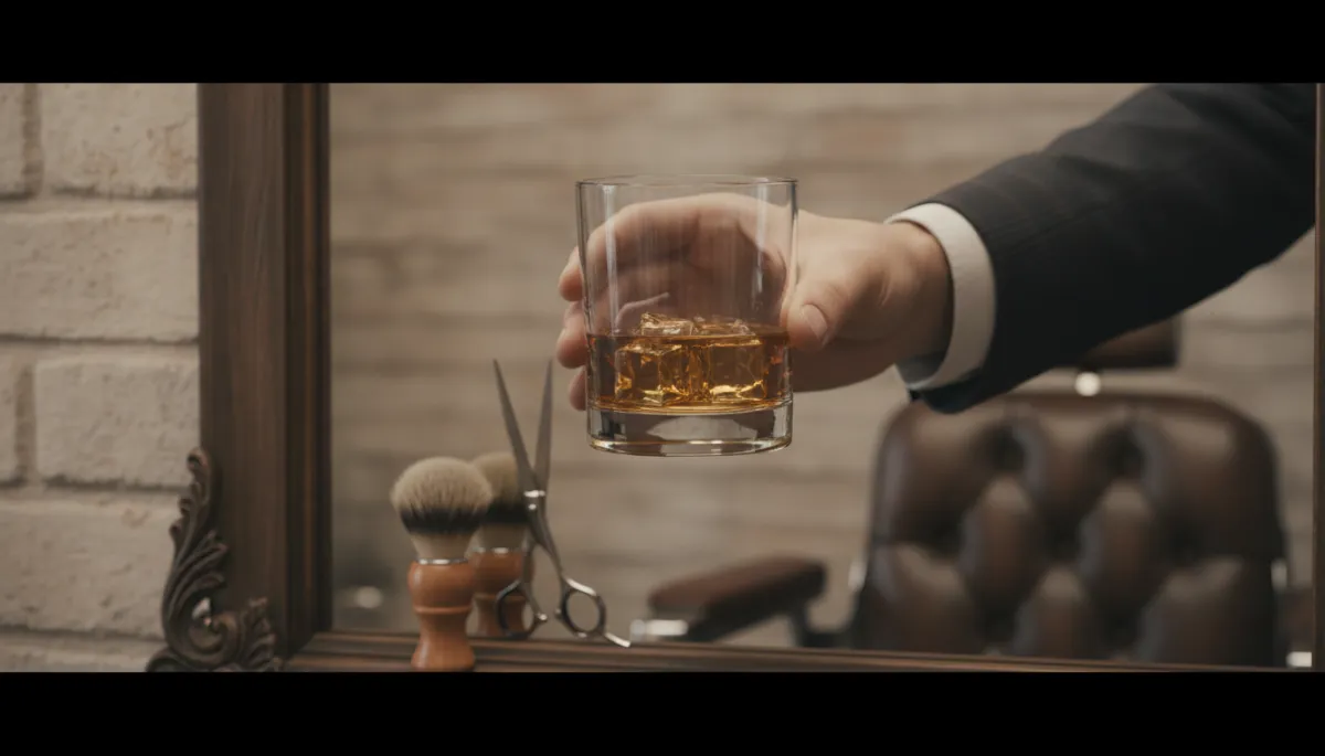 Cliente disfrutando un whisky mientras recibe un servicio de barbería de lujo