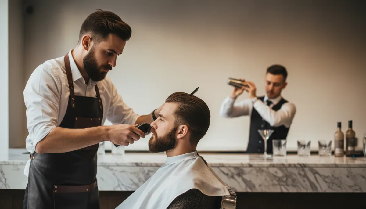 Barbero trabajando mientras un bartender sirve cocteles en una barbería con bar elegante