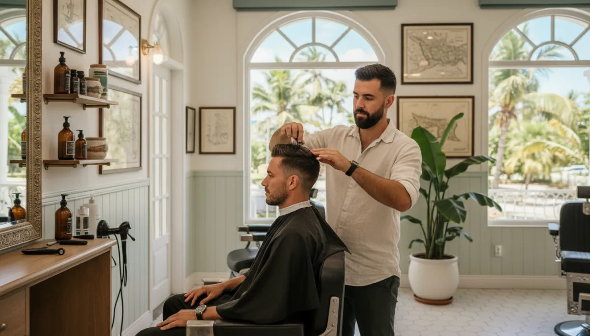 Barbero aplicando producto de peinado mate a cliente en barbería caribeña
