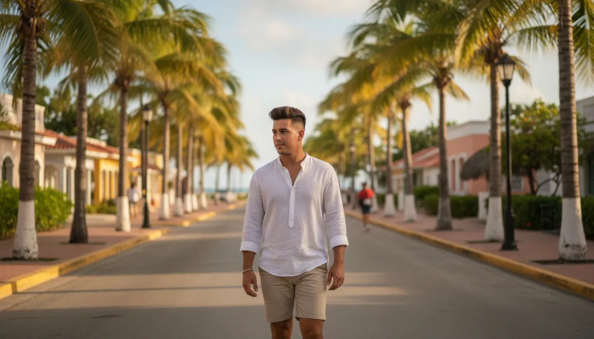 Hombre con corte fade medio y textura caminando en entorno caribeño urbano