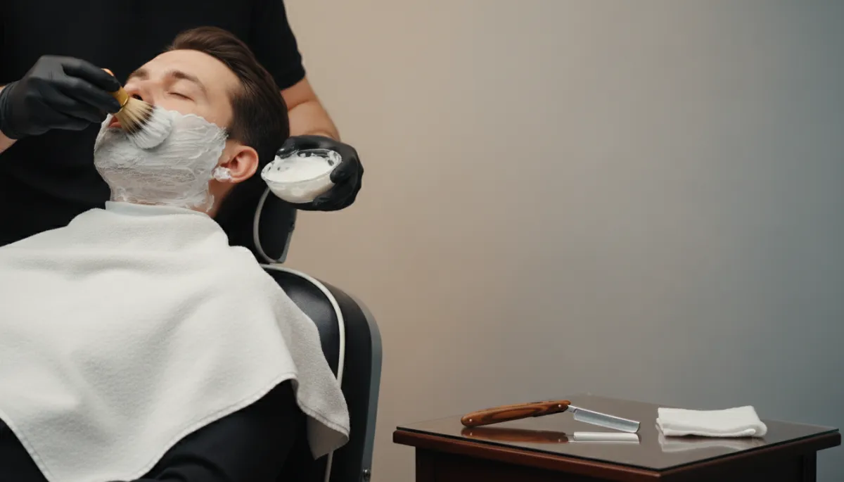 Barbero aplicando crema de afeitar con brocha en barbería de lujo en Bávaro