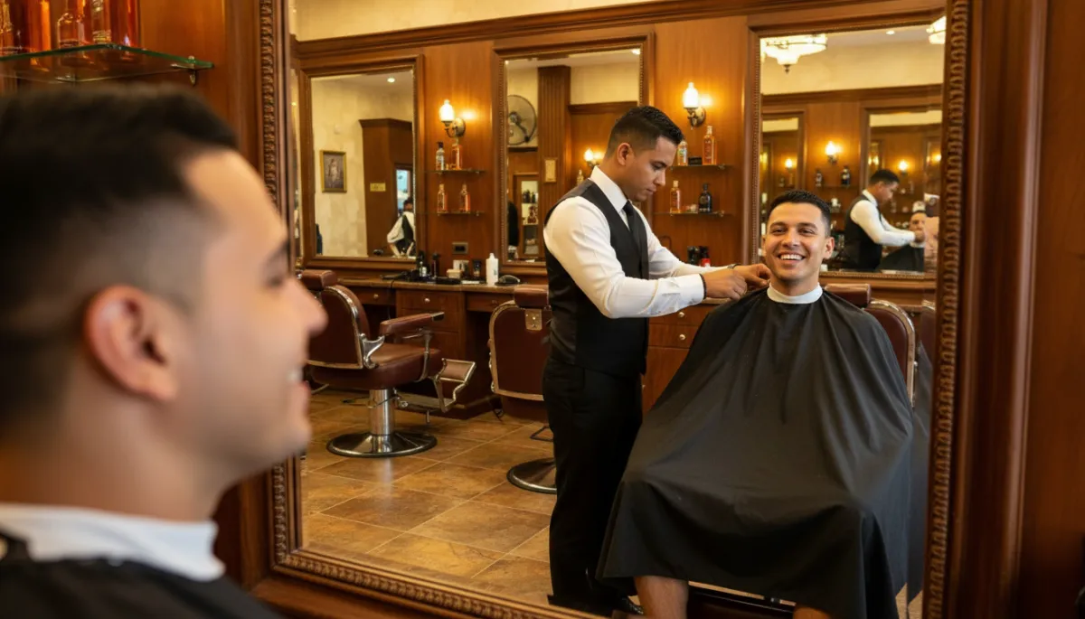 Cliente admirando el resultado de su afeitado clásico con navaja en The Club Barber Shop