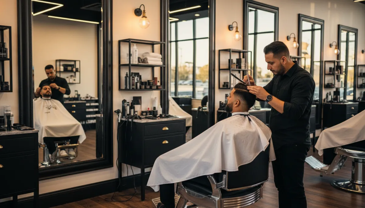 Barbero de élite creando diseño preciso en barbería de lujo en Bávaro
