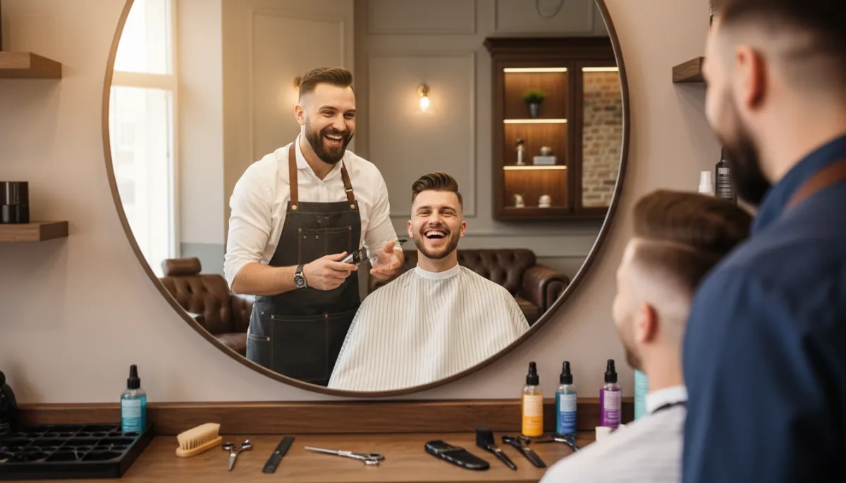 Barbero y cliente compartiendo un momento de confianza en barbería de Punta Cana